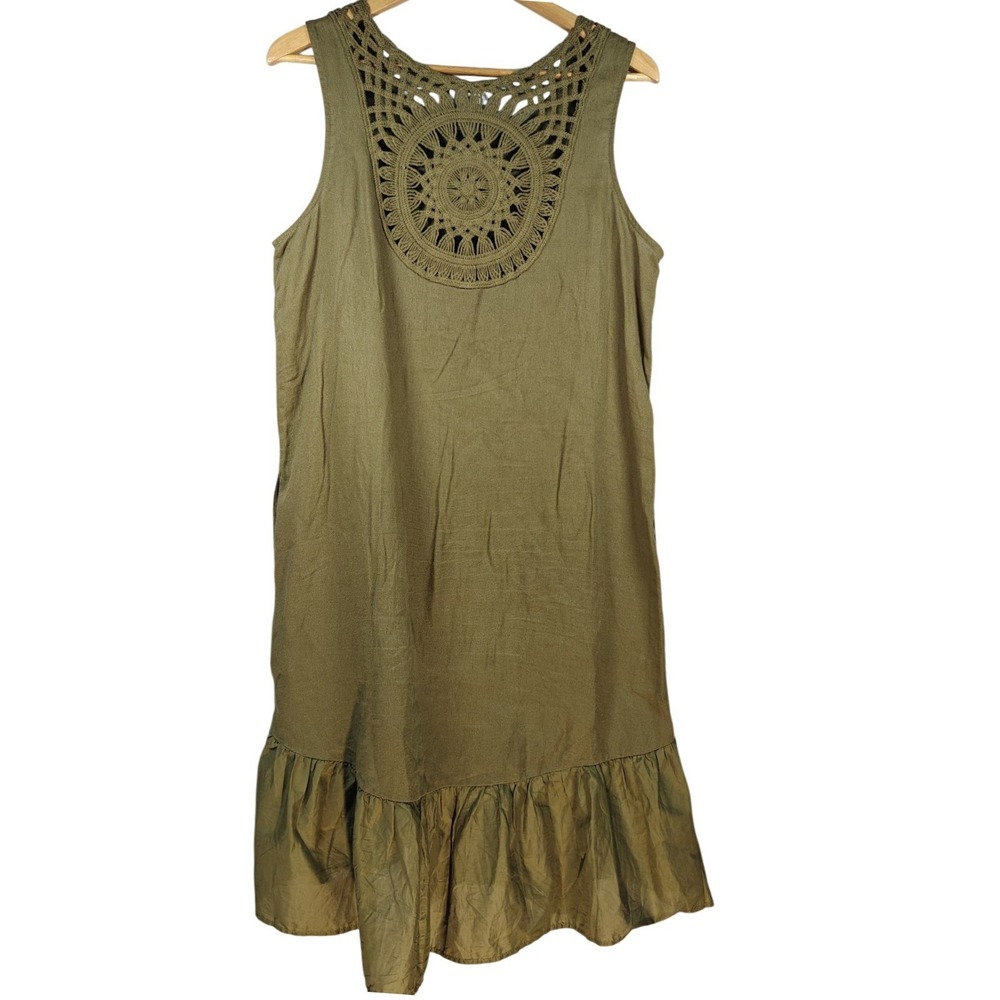 FORCYNTHIA Olive Green Crochet Back‎ Ruffle Hem Midi Dress Women's Size M - Picture 2 of 9